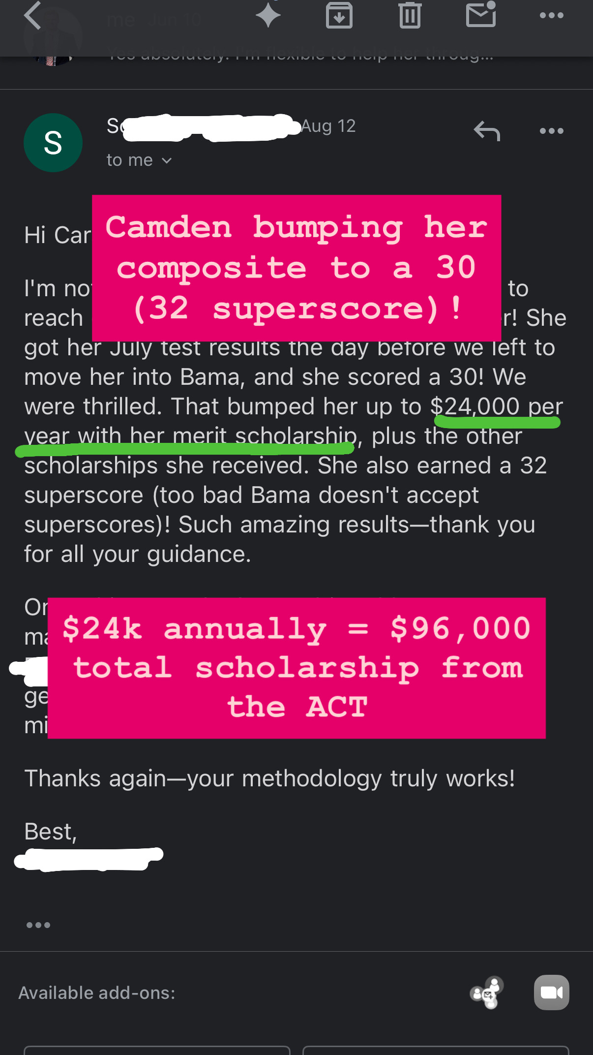 Email from Camden's mom to Carson sharing Camden's 30 composite, 32 superscore, and $96,000 total Alabama scholarship