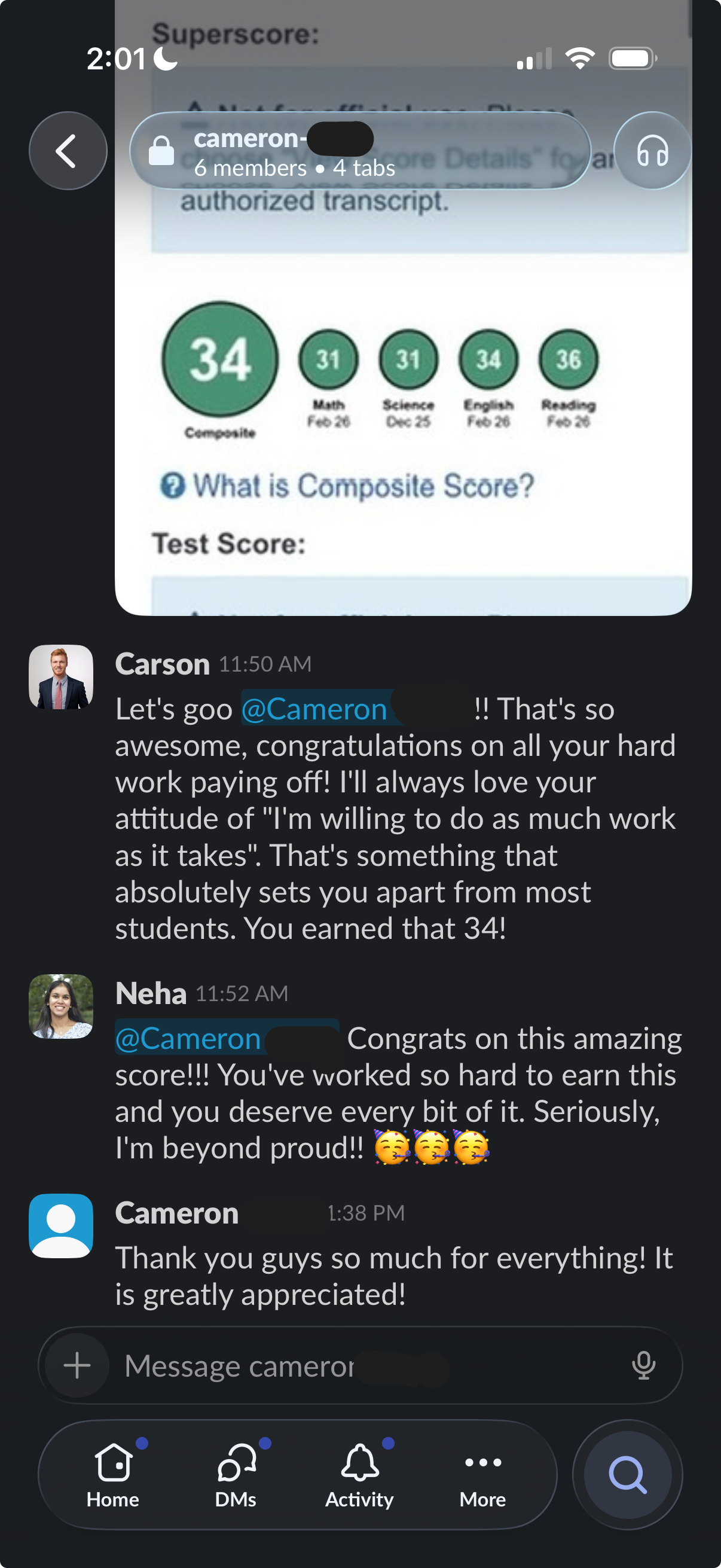 Slack conversation showing Cameron's ACT score improvement to a 34 composite, with Carson and Neha congratulating him