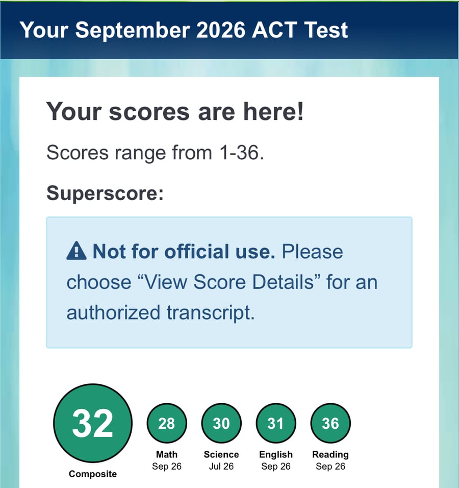 Kate's ACT score page for September 2026: a 32 composite, with Math 28, English 31 and Reading 36
