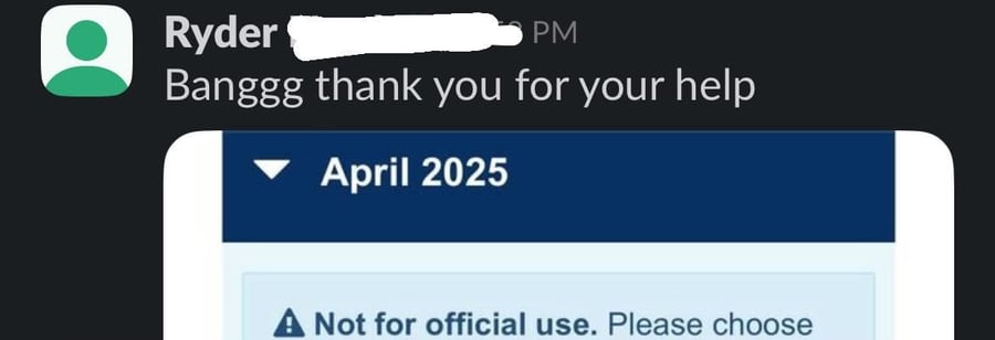 Slack message from Ryder: 'Banggg thank you for your help' above his April 2025 ACT score page