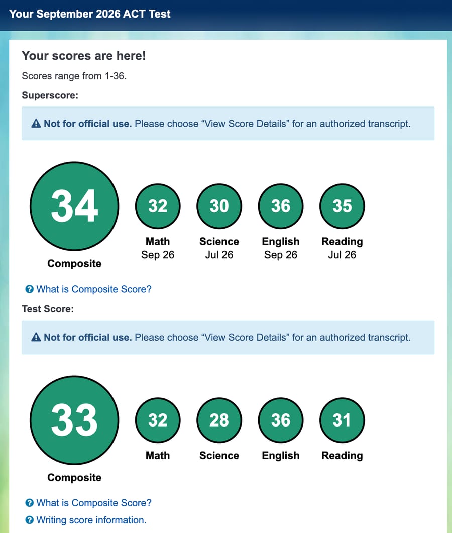 Sienna's ACT score page: a 34 superscore with English 36 and Math 32 from September and Reading 35 from July, and a 33 on the September test