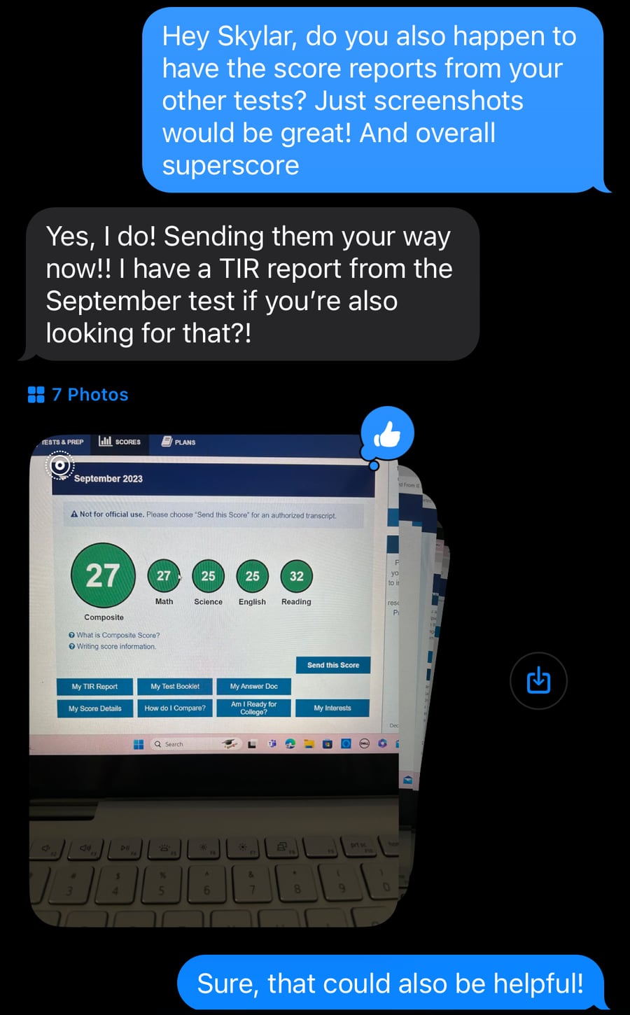 Text messages: Carson asks Skylar for the score reports from her other tests. She replies 'Yes, I do! Sending them your way now!!' with photos; the first shows her September 2023 ACT: a 27 composite, Math 27, Science 25, English 25, Reading 32.