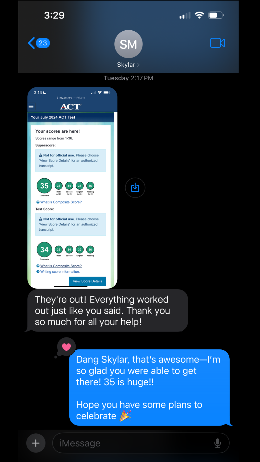 Text message conversation showing Skylar sharing her ACT July 2024 score results with Carson